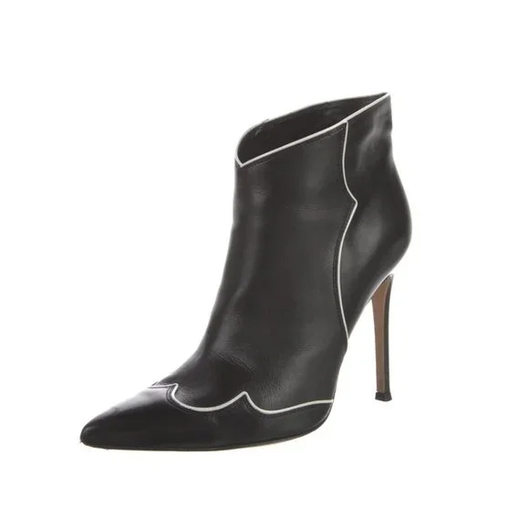 Gianvito Rossi Black with White Trim Leather Ankle Boots Size 37EU - Picture 5 of 6